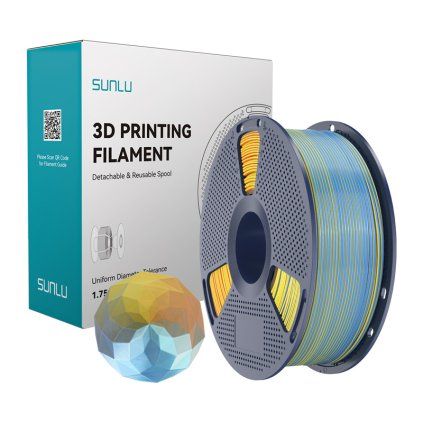 Filament Sunlu PLA+ Silk ve čtyřech barvách (modrá–fialová–oranžová–žlutá)  Sunlu